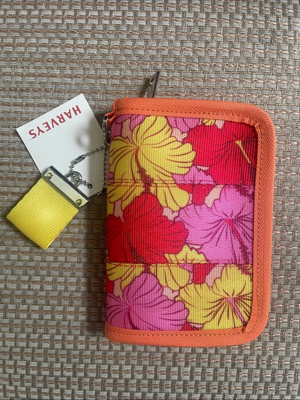 Harveys Hibiscus Orange Trim Floral Fun Size Wallet with Pink & Yellow Blooms